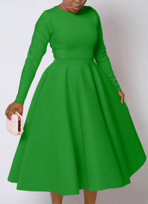 New Autumn And Winter Elegant Solid Color Round Neck Long Sleeve Wide Swing Dress