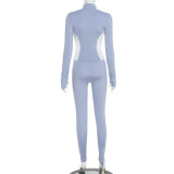 Sporty Polyester Round Neck Patchwork Color Contrast Long Sleeve Two-piece Pants Set