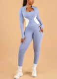 Sporty Polyester Round Neck Patchwork Color Contrast Long Sleeve Two-piece Pants Set