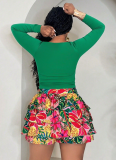 Solid Color V-Neck Long-Sleeved Top With Printed Skirt, Large Size Casual Two-Piece Suit