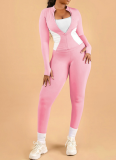 Sporty Polyester Round Neck Patchwork Color Contrast Long Sleeve Two-piece Pants Set