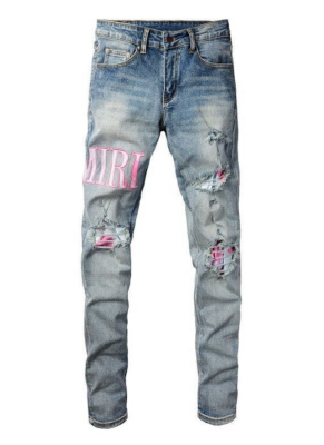 Men's Ripped Embroidered Patch Stretch Straight Slim Jeans