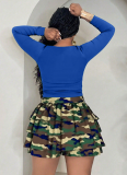 Solid Color V-Neck Long-Sleeved Top With Printed Skirt, Large Size Casual Two-Piece Suit