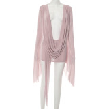 Sexy Mesh Sway Neckline Long-sleeved Backless A-line Short-sleeved Dress