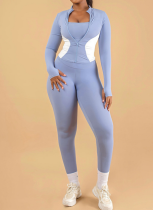 Sporty Polyester Round Neck Patchwork Color Contrast Long Sleeve Two-piece Pants Set