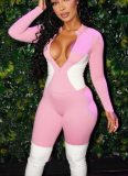 Sporty Polyester Round Neck Patchwork Color Contrast Long Sleeve Two-piece Pants Set