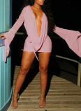 Sexy Mesh Sway Neckline Long-sleeved Backless A-line Short-sleeved Dress