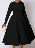 New Autumn And Winter Elegant Solid Color Round Neck Long Sleeve Wide Swing Dress