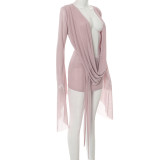 Sexy Mesh Sway Neckline Long-sleeved Backless A-line Short-sleeved Dress