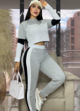 Street Color Contrast Stitching Long-Sleeved Pullover Sports Casual Trousers Two-Piece Set