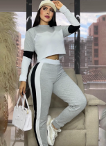 Street Color Contrast Stitching Long-Sleeved Pullover Sports Casual Trousers Two-Piece Set