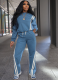 Contrast Color Faux Denim Striped Long-Sleeved Sweatshirt And Drawstring Trousers Two-Piece Set