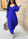 Casual Solid Color Patchwork V Neck Regular Jumpsuits