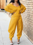 Casual Solid Color Patchwork V Neck Regular Jumpsuits