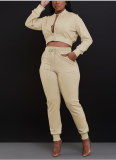 Khaki Casual Solid Color Buckle O Neck Long Sleeve Two Pieces
