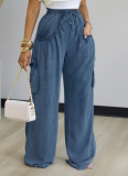 Elastic Waist Drawstring Straight-Leg Multi-Pocket Wide-Leg Trousers
