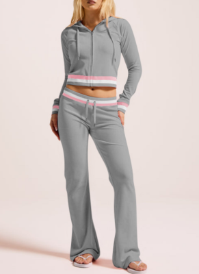 Casual Stripe Zipper Hooded Long Sleeve Two Pieces