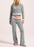 Casual Stripe Zipper Hooded Long Sleeve Two Pieces