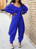 Casual Solid Color Patchwork V Neck Regular Jumpsuits