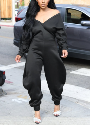 Casual Solid Color Patchwork V Neck Regular Jumpsuits