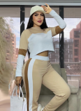 Street Color Contrast Stitching Long-Sleeved Pullover Sports Casual Trousers Two-Piece Set