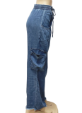 Elastic Waist Drawstring Straight-Leg Multi-Pocket Wide-Leg Trousers