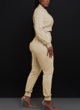 Khaki Casual Solid Color Buckle O Neck Long Sleeve Two Pieces