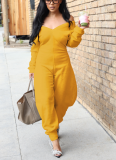 Casual Solid Color Patchwork V Neck Regular Jumpsuits