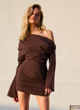 Sexy Mature Solid Color Long-Sleeved Off-Shoulder Loose Short Dress