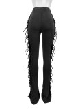 Tassel Flared Long Casual Pants Solid Color Washed Cotton Trousers