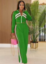 Street Color Contrast Zipper Top Loose Pants Two-Piece Set