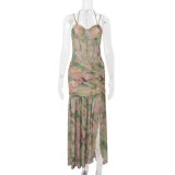 Sexy Suspender Print holiday Beach High Waist Slim Slit Dress