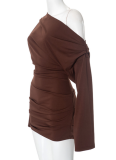 Sexy Mature Solid Color Long-Sleeved Off-Shoulder Loose Short Dress
