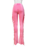 Tassel Flared Long Casual Pants Solid Color Washed Cotton Trousers