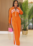 Street Color Contrast Zipper Top Loose Pants Two-Piece Set