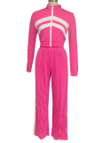 Street Color Contrast Zipper Top Loose Pants Two-Piece Set
