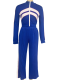 Street Color Contrast Zipper Top Loose Pants Two-Piece Set