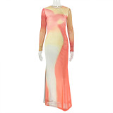 Orange Yellow Elegant Print Patchwork O Neck Long Dresses