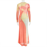 Orange Yellow Elegant Print Patchwork O Neck Long Dresses