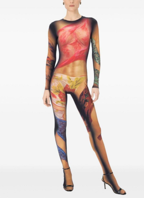 Body Painting Print Round Neck Long Sleeve Tight-fitting Jumpsuit
