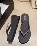 Women's Fashionable Rhinestone Thick-Soled Flip-Flops With Mid-Heel, Non-Slip And Wear-Resistant Wedge-Heeled Sandals