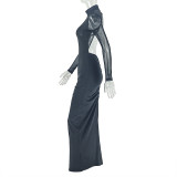 Black Elegant Solid Color Mesh O Neck Long Dresses