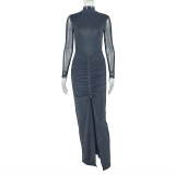 Black Elegant Solid Color Mesh O Neck Long Dresses