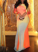 Orange Yellow Elegant Print Patchwork O Neck Long Dresses