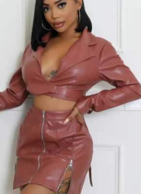 Navel-Baring Suspender Jacket And Zippered PU Skirt Two-Piece Set