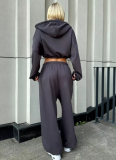 Solid Color Long-Sleeved Cardigan Drawstring Hooded Sweatshirt And Trousers Two-Piece Set