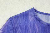 Fashionable Pprinted Mesh Pleated Round Neck Trumpet Sleeve Slit Hip Dress