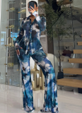 Printed Mesh Lapel Long Sleeve Button Cardigan Flared Pants Two-Piece Set