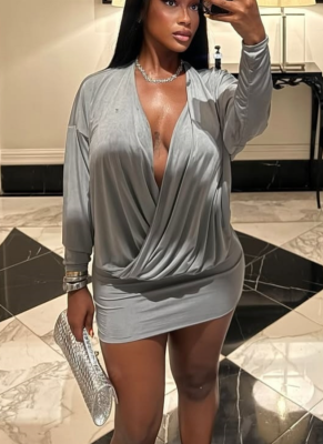 Elegant Stacked Plunge Neck Long Sleeve Mini Dress