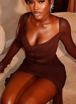 Sexy Solid Color Ruched U Neck Wrapped Skirt Dresses